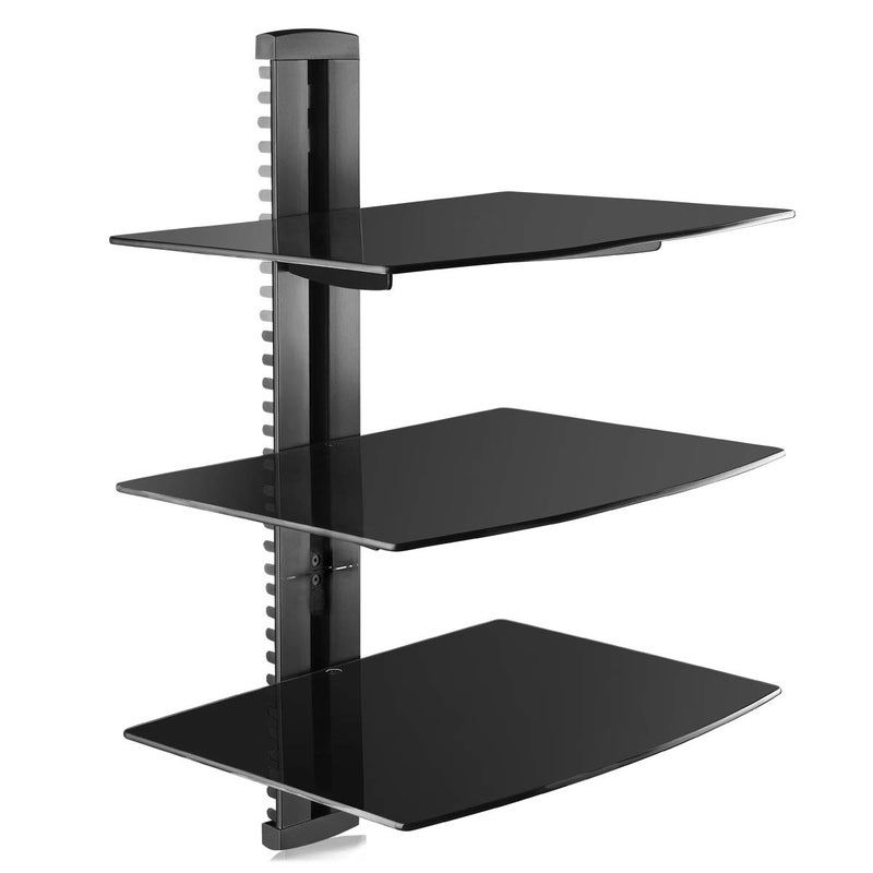 suptek 3 Floating Shelf Wall Bracket with Strengthened Tempered Glass for DVD Players/Cable Boxes/Games Consoles/TV Accessories, 3 Shelves, Black, CS303 - Image 1